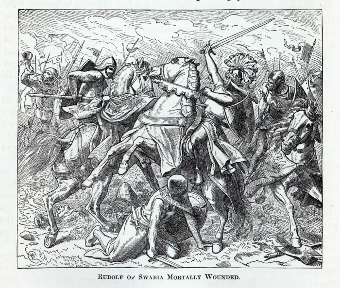 Framed Print : Rudolf of Swabia Mortally Wounded, 1882. Artist: Anonymous Framed Print : Rudolf of Swabia Mortally Wounded, 1882. Artist: Anonymous