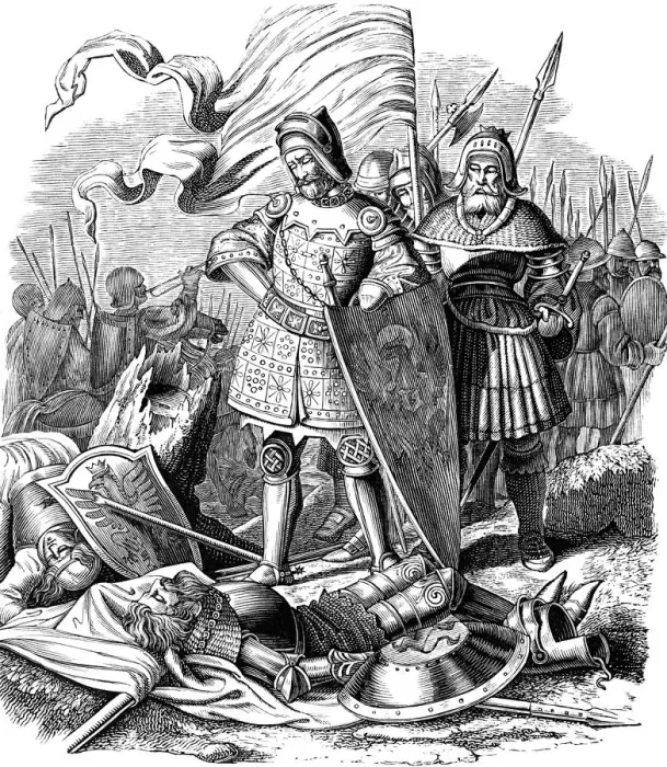 Framed Print : Rudolph I on batllefield after the victory over Ottokar, 1840 Framed Print : Rudolph I on batllefield after the victory over Ottokar, 1840