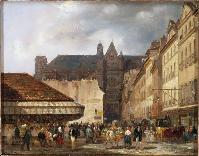 Framed Print : Rue des Prouvaires and Saint-Eustache church, c1828. Creator: Giuseppe Canella Framed Print : Rue des Prouvaires and Saint-Eustache church, c1828. Creator: Giuseppe Canella