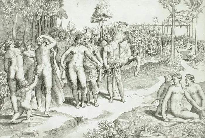 Framed Print : Ruggero in the Garden of Alcina, c1545. Creator: Giulio Bonasone Framed Print : Ruggero in the Garden of Alcina, c1545. Creator: Giulio Bonasone