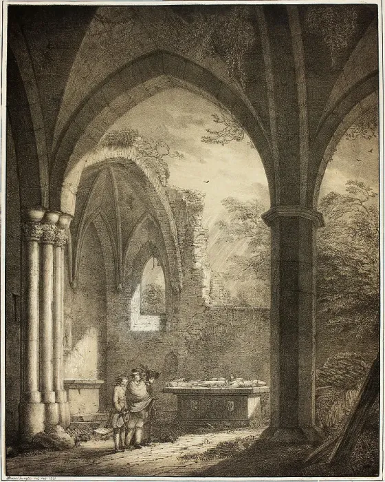 Framed Print : Ruin of the Church of Our Lady with the Tombstones of Genevieve and the Count... 1821. Creator: Domenico Quaglio II Framed Print : Ruin of the Church of Our Lady with the Tombstones of Genevieve and the Count... 1821. Creator: Domenico Quaglio II