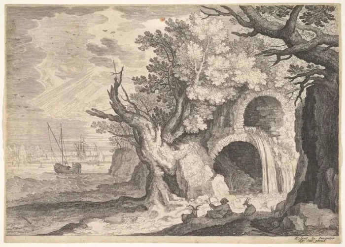 Framed Print : Ruined aqueduct with water spilling from it to a stream below, ships at sea beyond, a Framed Print : Ruined aqueduct with water spilling from it to a stream below, ships at sea beyond, a