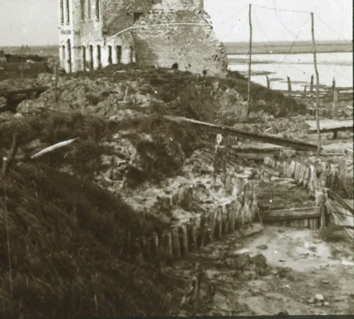 Framed Print : Ruined building and trenches along the coast, c1914-c1918 Framed Print : Ruined building and trenches along the coast, c1914-c1918