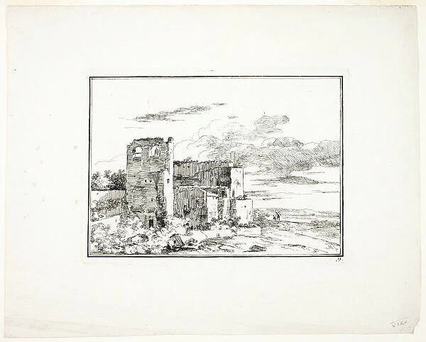 Ruined Buildings near a River Bank, plate 9 from Quatrieme suite de paysages dessines e... c. 1779. Creator: Louis Gabriel Moreau