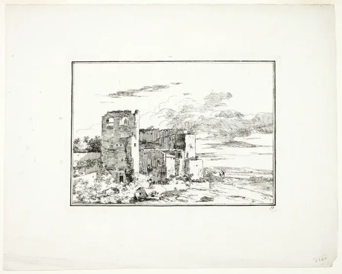 Framed Print : Ruined Buildings near a River Bank, plate 9 from Quatrieme suite de paysages dessines e... c. 1779. Creator: Louis Gabriel Moreau Framed Print : Ruined Buildings near a River Bank, plate 9 from Quatrieme suite de paysages dessines e... c. 1779. Creator: Louis Gabriel Moreau