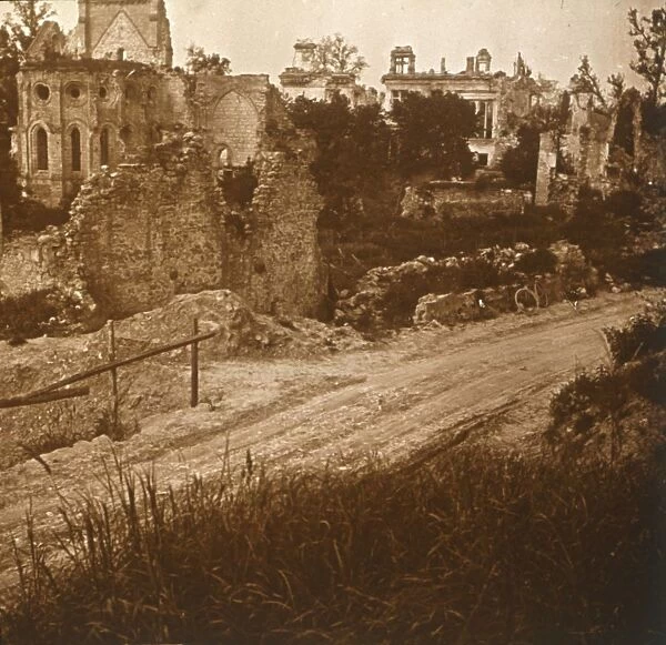 Ruined church and chateau, France, c1914-c1918