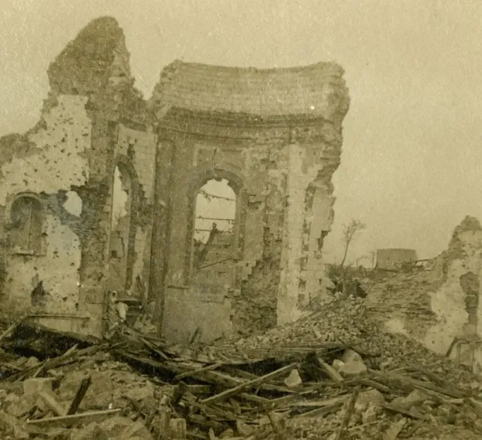 Framed Print : Ruined church, Combles, northern France, c1914-c1918 Framed Print : Ruined church, Combles, northern France, c1914-c1918