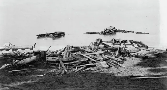 Framed Print : Ruines of life saving station, Pointe aux Barques, Mich. after storm, Nov. 9, 1913, 1913 Nov 9. Creator: Unknown Framed Print : Ruines of life saving station, Pointe aux Barques, Mich. after storm, Nov. 9, 1913, 1913 Nov 9. Creator: Unknown