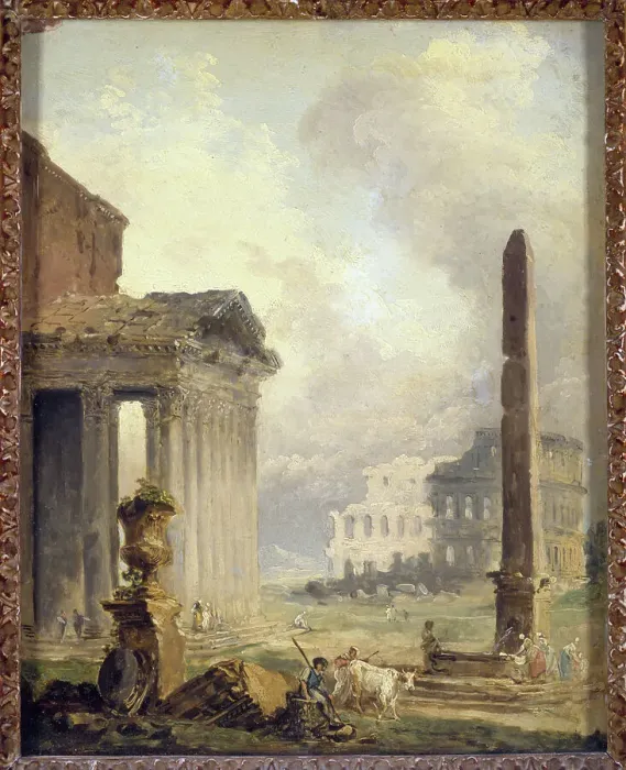 Framed Print : Ruines romaines, le Forum avec le Colisée et l'Obélisque, c1765. Creator: Hubert Robert Framed Print : Ruines romaines, le Forum avec le Colisée et l'Obélisque, c1765. Creator: Hubert Robert