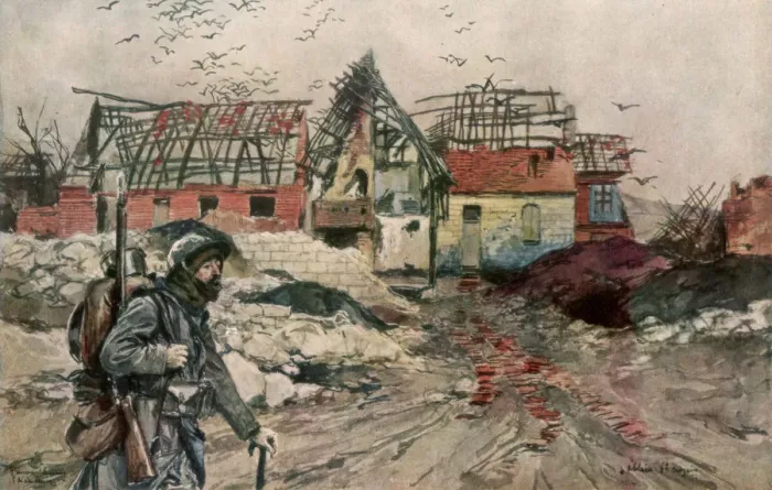 Framed Print : The Ruins of Ablain-Saint-Nazaire, Artois, France, 18 December 1915, (1926). Artist: Francois Flameng Framed Print : The Ruins of Ablain-Saint-Nazaire, Artois, France, 18 December 1915, (1926). Artist: Francois Flameng