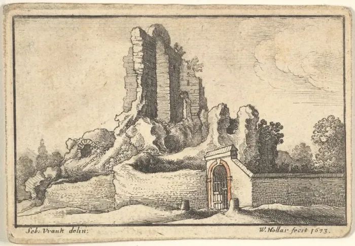 Framed Print : Ruins and a barred gate on the Esquiline Hill in Rome, 1673. Creator: Wenceslaus Hollar Framed Print : Ruins and a barred gate on the Esquiline Hill in Rome, 1673. Creator: Wenceslaus Hollar