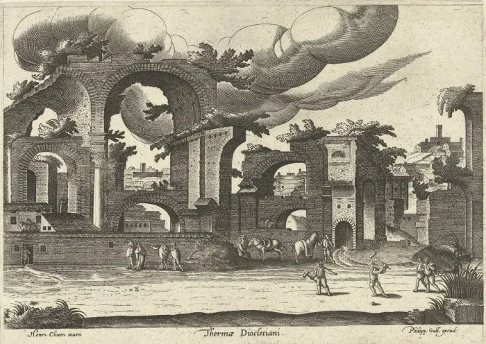 Framed Print : Ruins of the Baths of Diocletian from the side with two men playing croquet in the foreground Framed Print : Ruins of the Baths of Diocletian from the side with two men playing croquet in the foreground