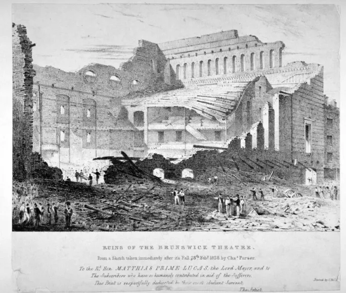 Framed Print : Ruins of Brunswick Theatre, Goodmans Fields, Stepney, London, 1828 Framed Print : Ruins of Brunswick Theatre, Goodmans Fields, Stepney, London, 1828
