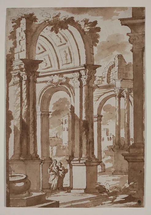 Framed Print : Ruins of a Building with Two Women, 18th century. Creator: Francesco Galli Bibiena Framed Print : Ruins of a Building with Two Women, 18th century. Creator: Francesco Galli Bibiena