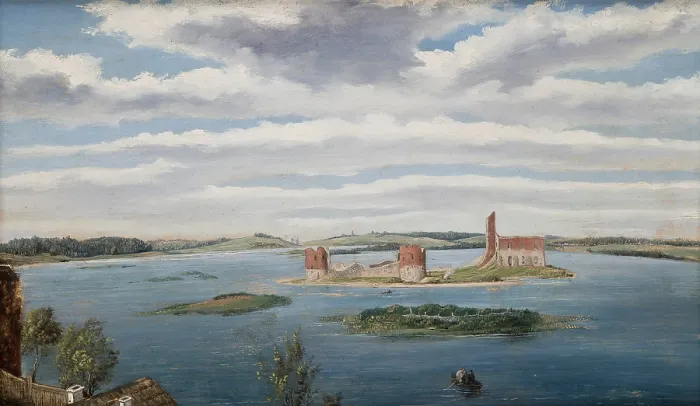 Framed Print : Ruins of the Castle on the Trakai Lake (Lake Galve), 1853. Creator: Wincenty Dmochowski Framed Print : Ruins of the Castle on the Trakai Lake (Lake Galve), 1853. Creator: Wincenty Dmochowski