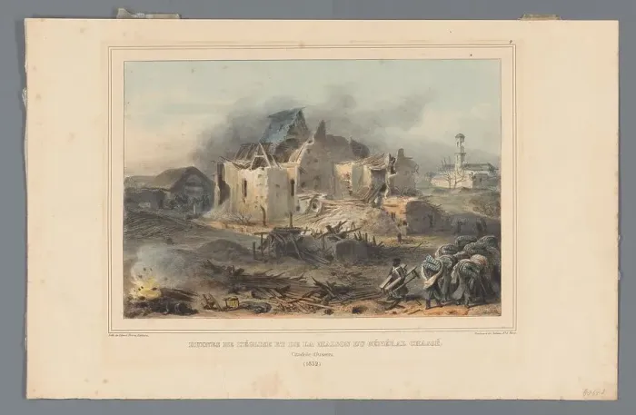 Framed Print : Ruins of the Church and the House of General Chassé, 1832, (1833). Creator: Auguste Raffet Framed Print : Ruins of the Church and the House of General Chassé, 1832, (1833). Creator: Auguste Raffet