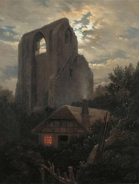 Ruins of the Eldena Monastery with cottage near Greifswald in Moonlight, 1820. Artist: Carus, Carl Gustav (1789-1869)