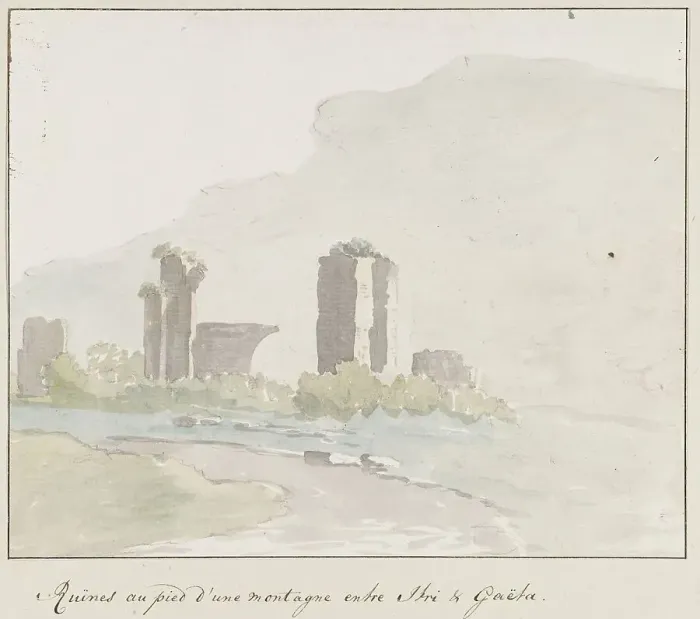 Framed Print : Ruins at the foot of a mountain between Itri and Gaeta, 1778. Creator: Louis Ducros Framed Print : Ruins at the foot of a mountain between Itri and Gaeta, 1778. Creator: Louis Ducros