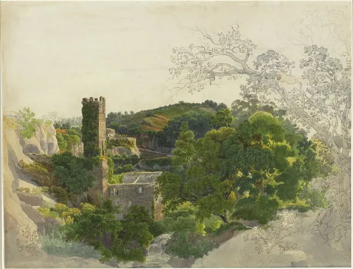 Framed Print : Ruins of a Fortified Tower among Wooded Hills, 1816 / 1821. Creator: Friedrich Salathe Framed Print : Ruins of a Fortified Tower among Wooded Hills, 1816 / 1821. Creator: Friedrich Salathe