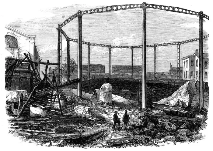 Framed Print : Ruins of the gasworks at Nine-Elms after the explosion, 1865. Creator: Unknown Framed Print : Ruins of the gasworks at Nine-Elms after the explosion, 1865. Creator: Unknown