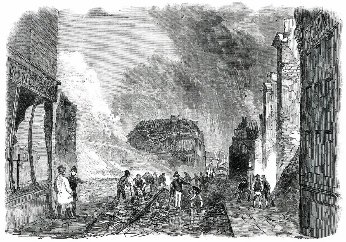 Framed Print : Ruins of the Great Fire at Gravesend - High-Street - looking North, 1850. Creator: Unknown Framed Print : Ruins of the Great Fire at Gravesend - High-Street - looking North, 1850. Creator: Unknown
