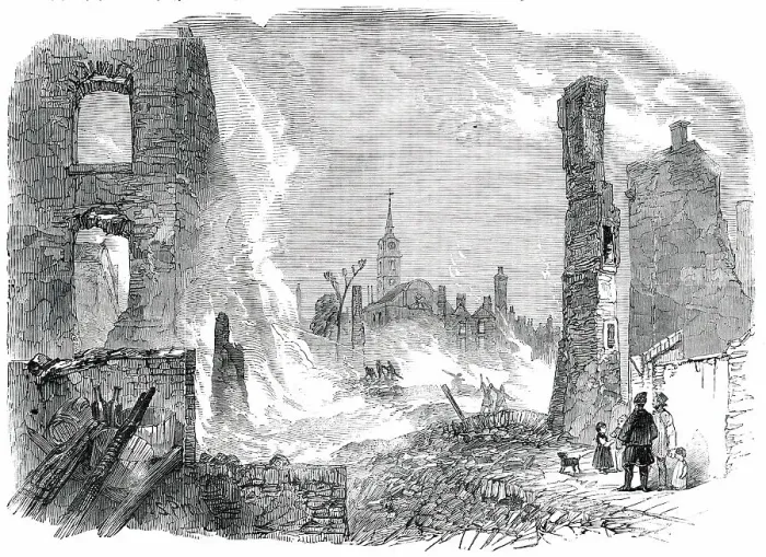 Framed Print : Ruins of the Great Fire at Gravesend - looking West, 1850. Creator: Unknown Framed Print : Ruins of the Great Fire at Gravesend - looking West, 1850. Creator: Unknown