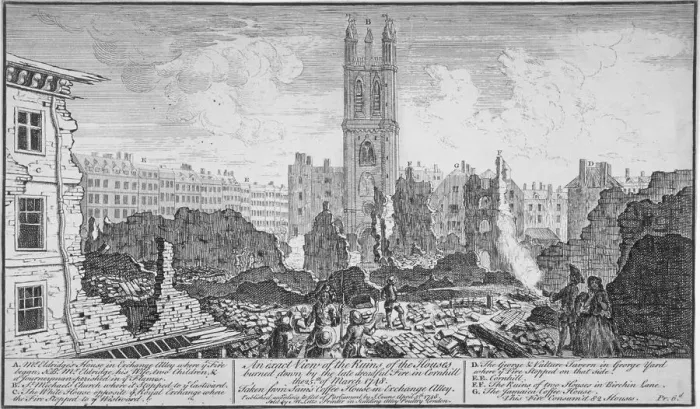 Framed Print : Ruins of houses burnt down in a fire in Cornhill, City of London, 25 March, 1748 Framed Print : Ruins of houses burnt down in a fire in Cornhill, City of London, 25 March, 1748
