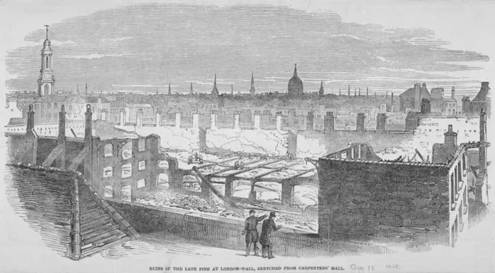 Framed Print : Ruins at London Wall from Carpenters Hall as the result of a fire in 1849 Framed Print : Ruins at London Wall from Carpenters Hall as the result of a fire in 1849