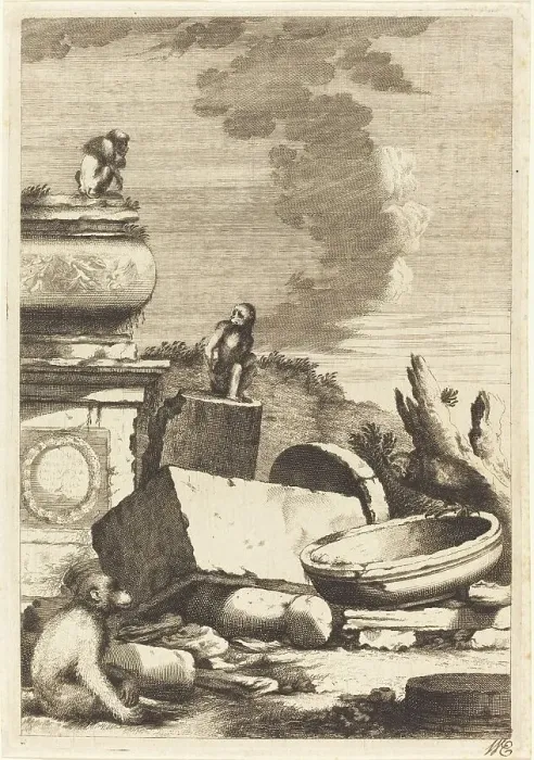 Framed Print : Ruins with Monkeys and an Owl, c. 1650. Creator: Bernhard Zaech Framed Print : Ruins with Monkeys and an Owl, c. 1650. Creator: Bernhard Zaech