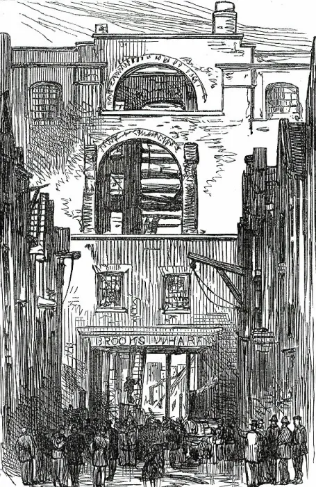 Framed Print : The Ruins (of the Great Fire at Brooks's Wharf), from Thames-Street, 1876. Creator: Unknown Framed Print : The Ruins (of the Great Fire at Brooks's Wharf), from Thames-Street, 1876. Creator: Unknown