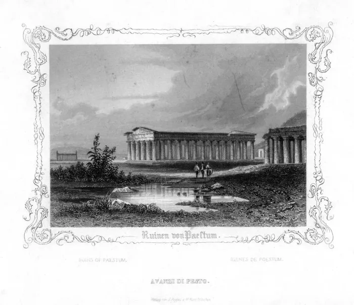 Framed Print : Ruins of Paestum, Italy, 19th century. Artist: J Poppel Framed Print : Ruins of Paestum, Italy, 19th century. Artist: J Poppel