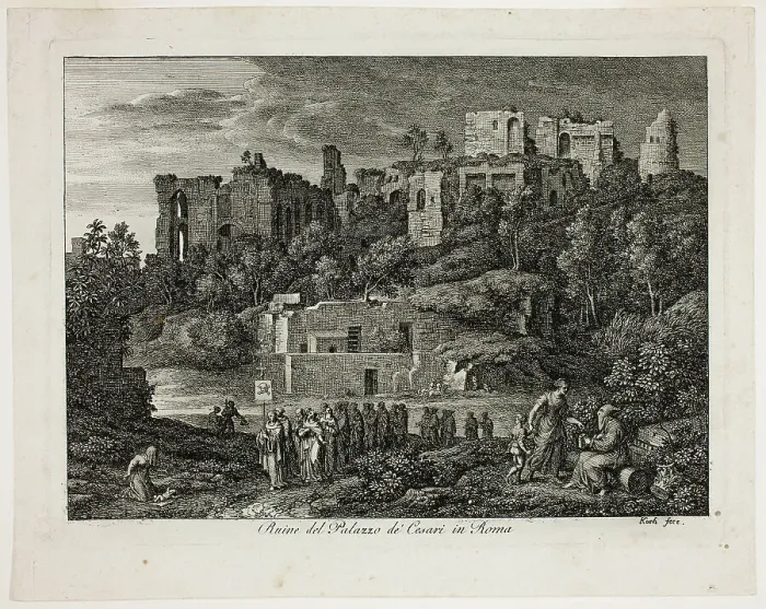 Framed Print : Ruins of the Palace of the Caesars in Rome, plate eight from Die Römische Ansichten, 1810. Creator: Joseph Anton Koch Framed Print : Ruins of the Palace of the Caesars in Rome, plate eight from Die Römische Ansichten, 1810. Creator: Joseph Anton Koch