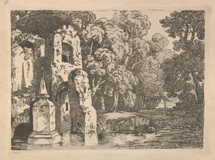 Framed Print : Ruins Next to a Pool in a Wooded Landscape, 1783-84. Creator: Thomas Rowlandson Framed Print : Ruins Next to a Pool in a Wooded Landscape, 1783-84. Creator: Thomas Rowlandson