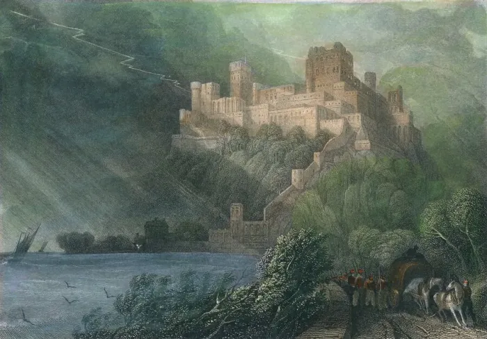 Framed Print : The Ruins of Rheinfels, 1834. Artist: William Radclyffe Framed Print : The Ruins of Rheinfels, 1834. Artist: William Radclyffe