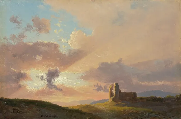 Framed Print : Ruins at sunset, 1835-1850. Creator: Karol Marko Framed Print : Ruins at sunset, 1835-1850. Creator: Karol Marko