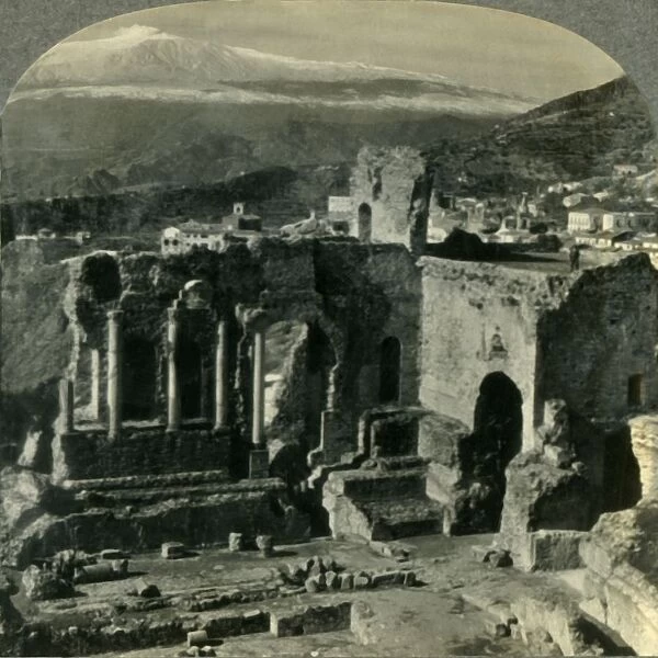 From the Ruins of Taorminas Ancient Greek Theater to Snow-capped Mt. Etna, Sicily, c1930s