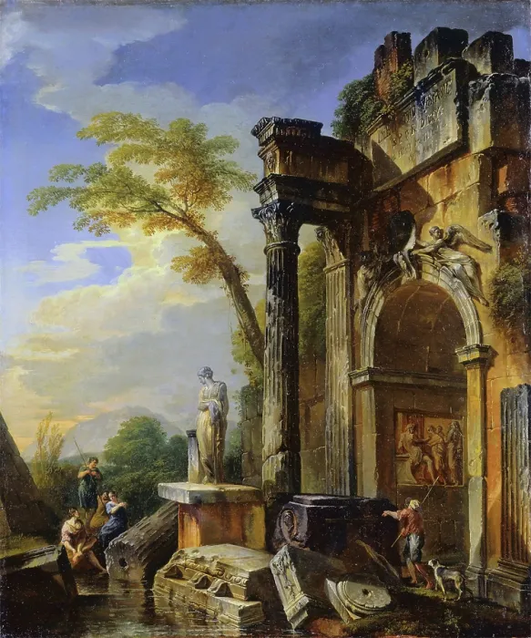 Framed Print : Ruins of a Triumphal Arch in the Roman Campagna, between 1717 and 1719. Creator: Giovanni Paolo Panini