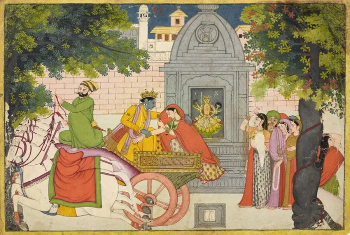 Framed Print : Rukmini elopes with Krishna, folio from a Bhagavata Purana, ca. 1780. Creator: Unknown Framed Print : Rukmini elopes with Krishna, folio from a Bhagavata Purana, ca. 1780. Creator: Unknown