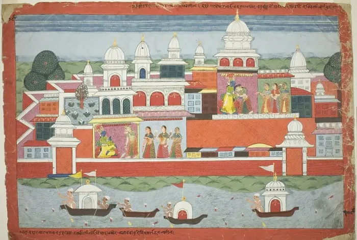 Framed Print : Rukmini Seeks Krishna's Permission to Visit her Brother Rukma, page from a manuscript... c.1775. Creator: Unknown Framed Print : Rukmini Seeks Krishna's Permission to Visit her Brother Rukma, page from a manuscript... c.1775. Creator: Unknown