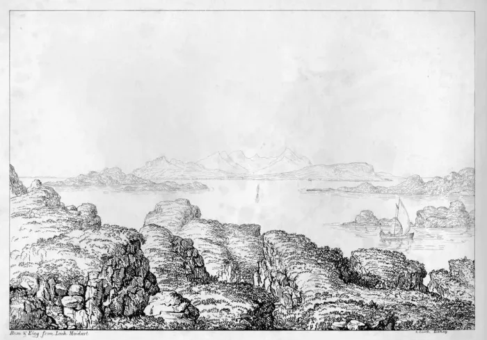 Framed Print : Rum & Eigg from Loch Moidart, c1812. Artist:s Leith Framed Print : Rum & Eigg from Loch Moidart, c1812. Artist:s Leith