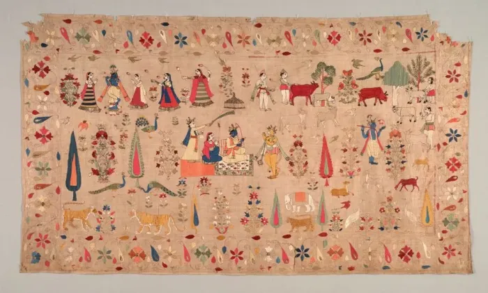 Framed Print : Rumal Decorated with Scenes of Krishnas Life, 1700s. Creator: Unknown Framed Print : Rumal Decorated with Scenes of Krishnas Life, 1700s. Creator: Unknown