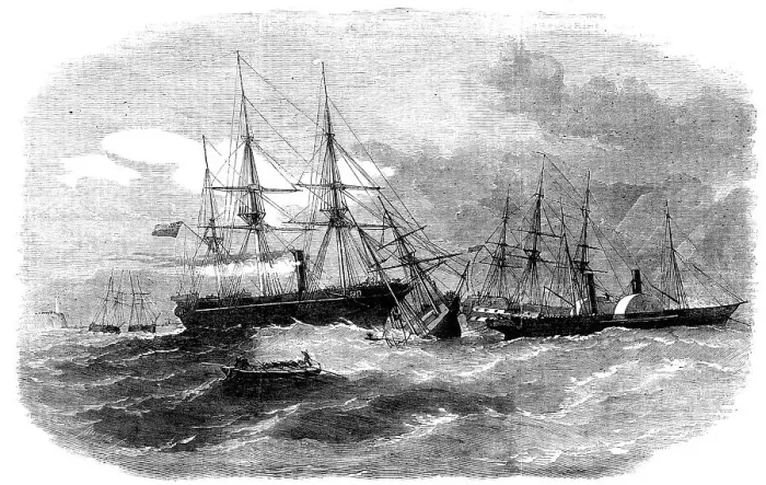 Framed Print : The Running Down of the Brigantine Virtue by the Resolute Transport, in Kingstown Harbour, 1856. Creator: Smyth. The Running Down of the Brigantine Virtue by the Resolute Transport, in Kingstown Harbour, 1856 Framed Print : The Running Down of the Brigantine Virtue by the Resolute Transport, in Kingstown Harbour, 1856. Creator: Smyth. The Running Down of the Brigantine Virtue by the Resolute Transport, in Kingstown Harbour, 1856