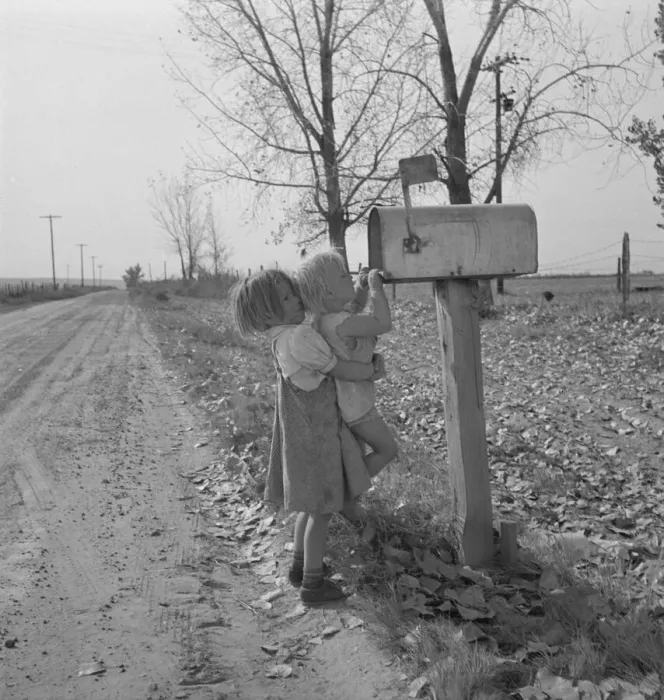 Framed Print : Rural children at R. F. D. box, near Fruitland, Idaho, 1939. Creator: Dorothea Lange Framed Print : Rural children at R. F. D. box, near Fruitland, Idaho, 1939. Creator: Dorothea Lange