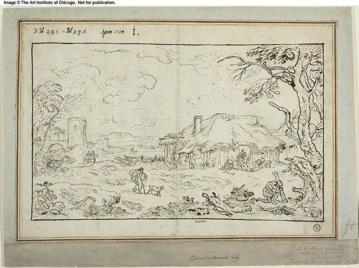 Framed Print : Rural Crossroads, with Farm Buildings in Foreground, 1734. Creator: Carlo Antonio Tavella Framed Print : Rural Crossroads, with Farm Buildings in Foreground, 1734. Creator: Carlo Antonio Tavella