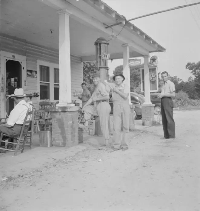 Framed Print : Rural filling station becomes community... 4 July, near Chapel Hill, North Carolina, 1939 Creator: Dorothea Lange Framed Print : Rural filling station becomes community... 4 July, near Chapel Hill, North Carolina, 1939 Creator: Dorothea Lange