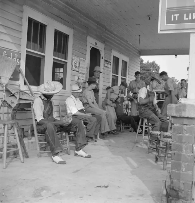 Framed Print : Rural filling station becomes community center... for loafing, near Chapel Hill, North Carolina, 1939 Creator: Dorothea Lange Framed Print : Rural filling station becomes community center... for loafing, near Chapel Hill, North Carolina, 1939 Creator: Dorothea Lange
