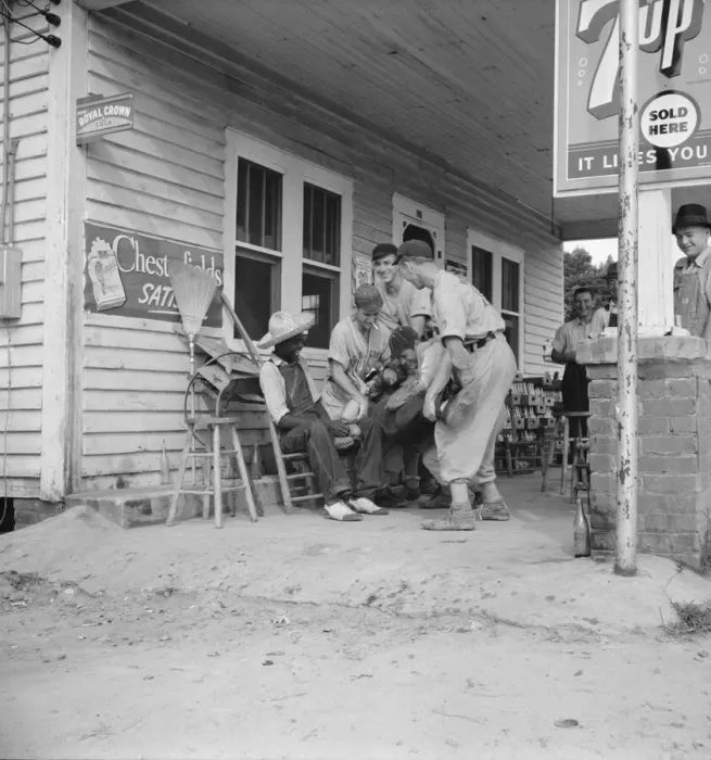 Framed Print : Rural filling station becomes community center... near Chapel Hill, North Carolina, 1939. Creator: Dorothea Lange Framed Print : Rural filling station becomes community center... near Chapel Hill, North Carolina, 1939. Creator: Dorothea Lange