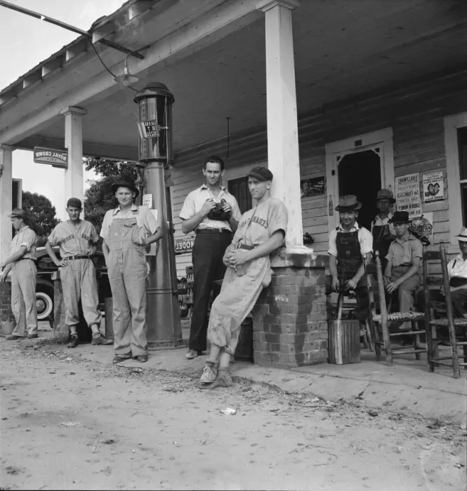 Framed Print : Rural filling stations become community centers, near Chapel Hill, North Carolina, 1939. Creator: Dorothea Lange Framed Print : Rural filling stations become community centers, near Chapel Hill, North Carolina, 1939. Creator: Dorothea Lange