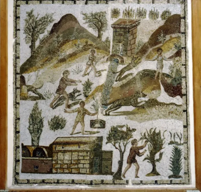 Framed Print : Rural Scenes on Roman Floor-Mosaic from Tabarka, Tunisia, 4th century Framed Print : Rural Scenes on Roman Floor-Mosaic from Tabarka, Tunisia, 4th century