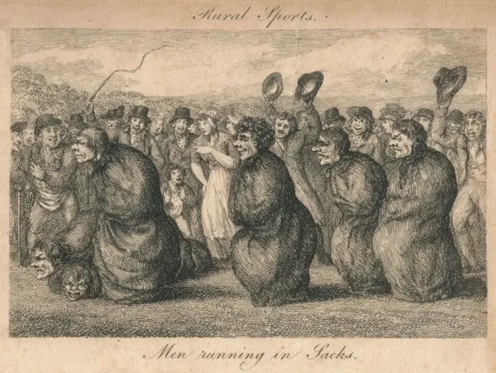 Framed Print : Rural Sports - Men running in Sacks, late 18th-early 19th century. Creator: Unknown Framed Print : Rural Sports - Men running in Sacks, late 18th-early 19th century. Creator: Unknown
